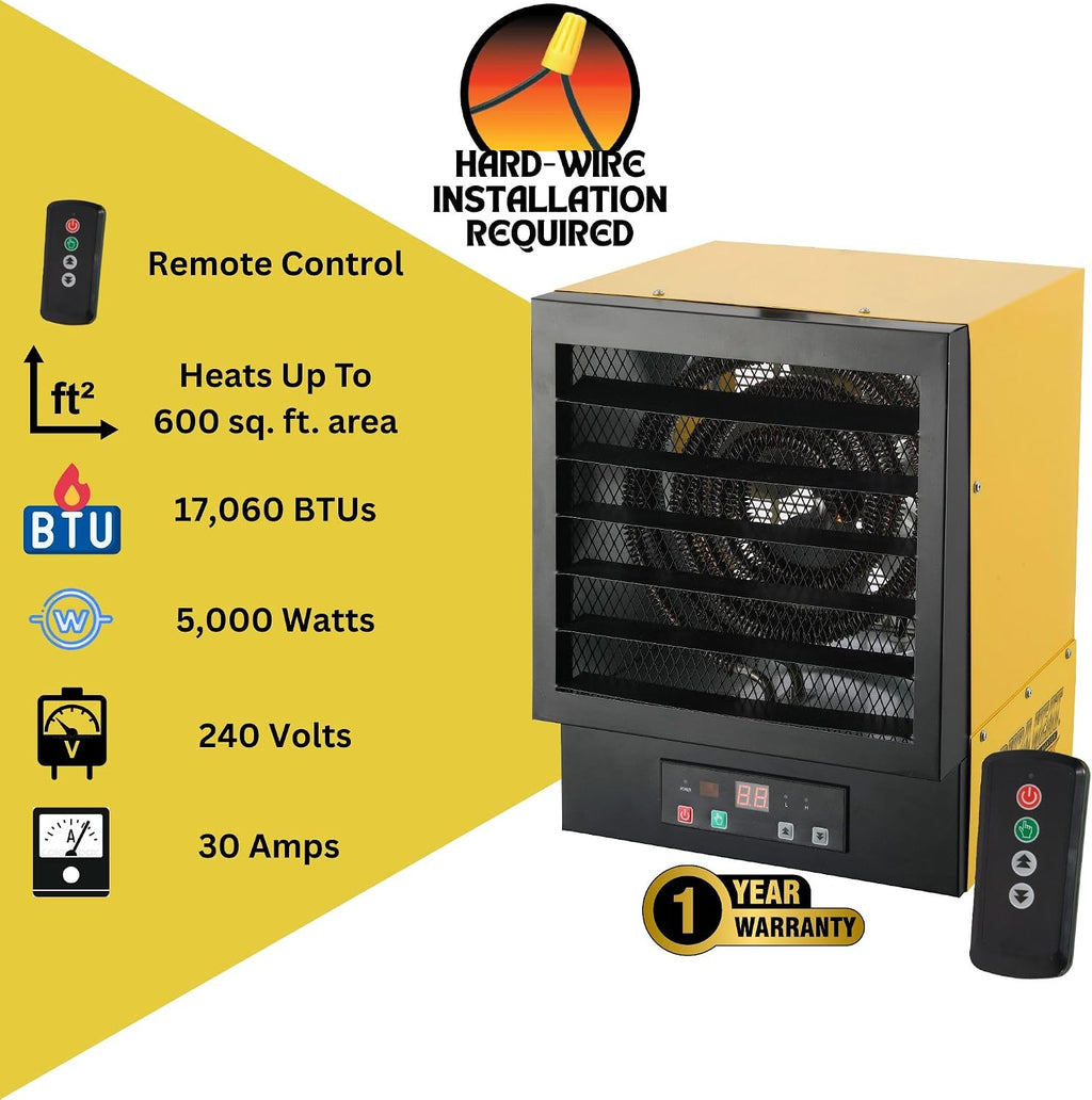 EWH5510 Electric Forced Air Heater with Remote Control 17,060 Btu, Yellow, Large | NO PLUG Hardwired Install