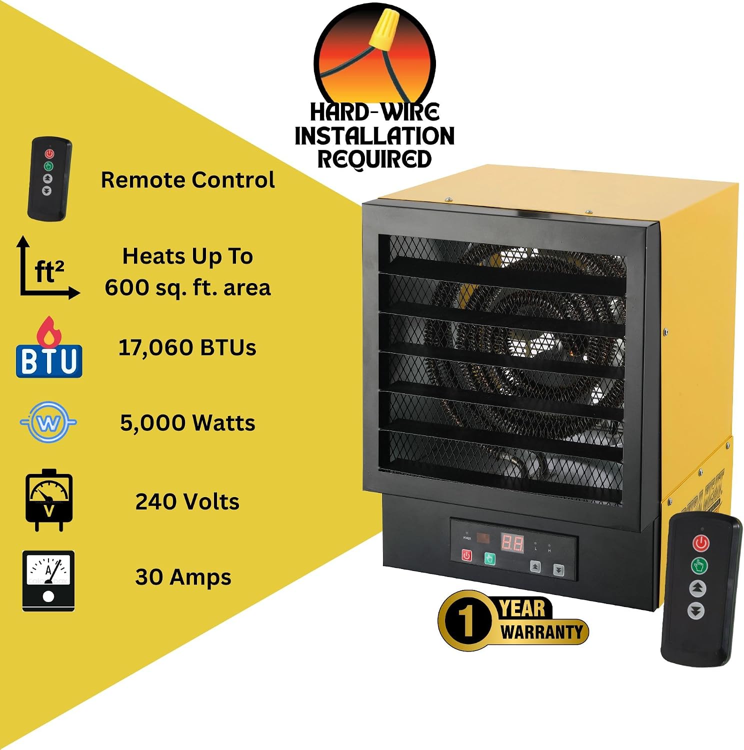 EWH5510 Electric Forced Air Heater with Remote Control 17,060 Btu, Yellow, Large | NO PLUG Hardwired Install