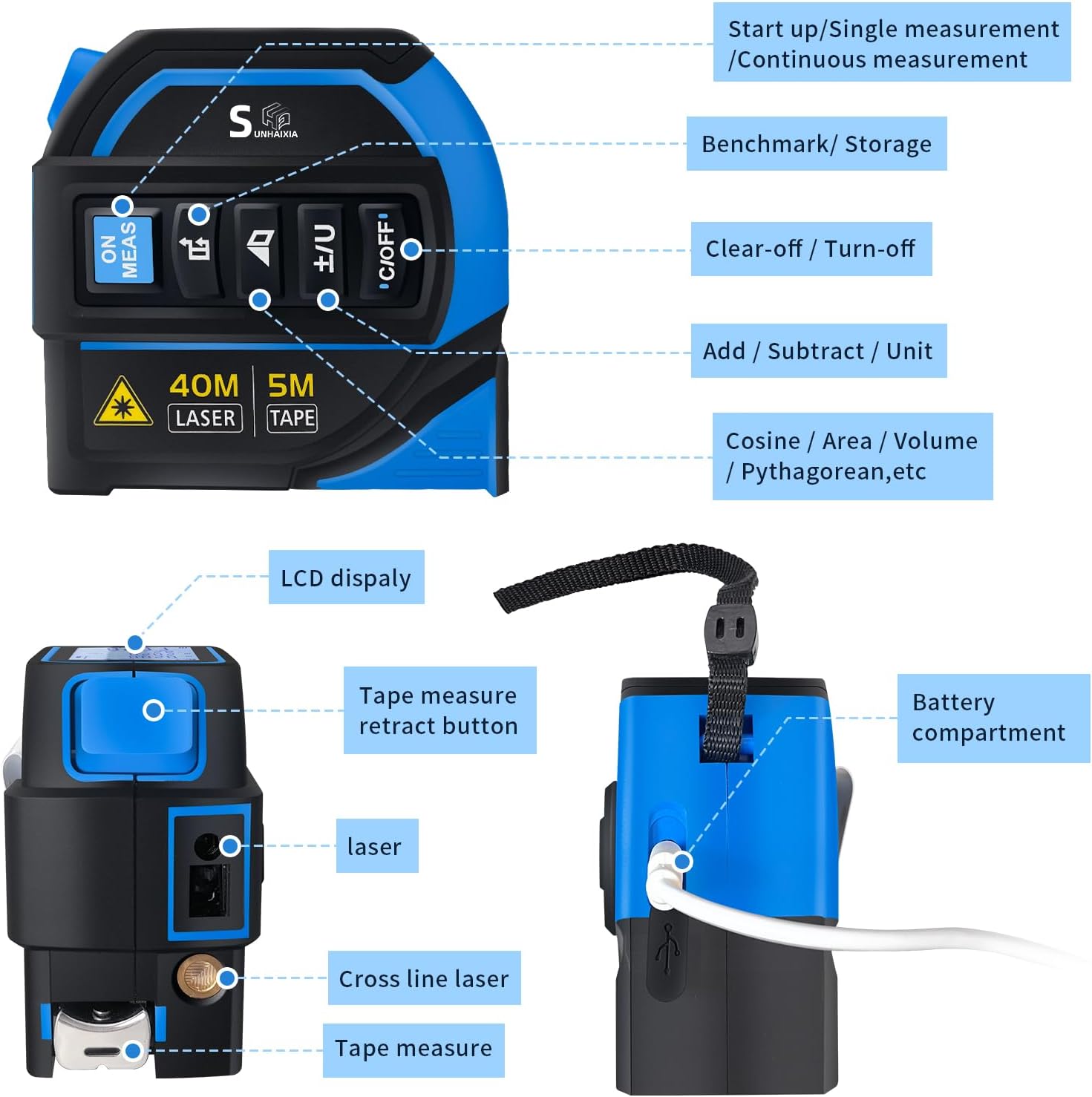 4-in-1 Laser Tape Measure with Laser Level Crosshairs |130ft/40m Laser Distance+16ft/5m AutoLock Tape |Backlit LCD