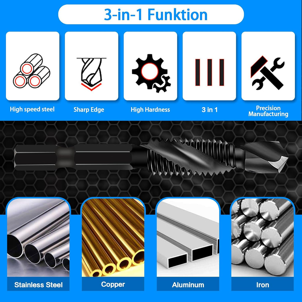 DKIBBITH 6 Packs M3 Combination Drill & Taps Bit Set, Screw Tapping Threading Tools in Size M3*0.5 with Anti-Rust Black Coating, 1/4" Hex Shank and Storage Case