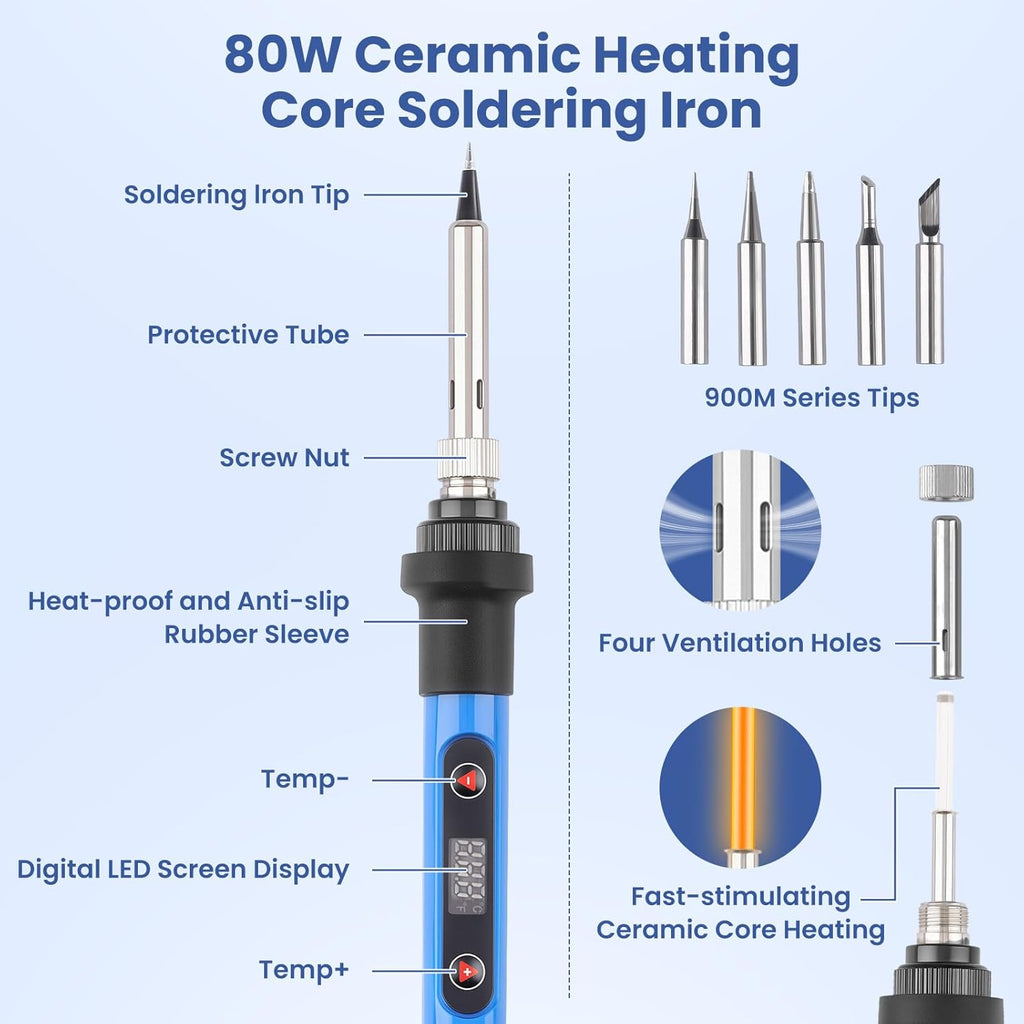 Multi-in-1 Soldering Iron Kit Temp 392℉-842℉ for Electronics DIY | 110V US Plug, 80W Soldering Iron, 5 Soldering