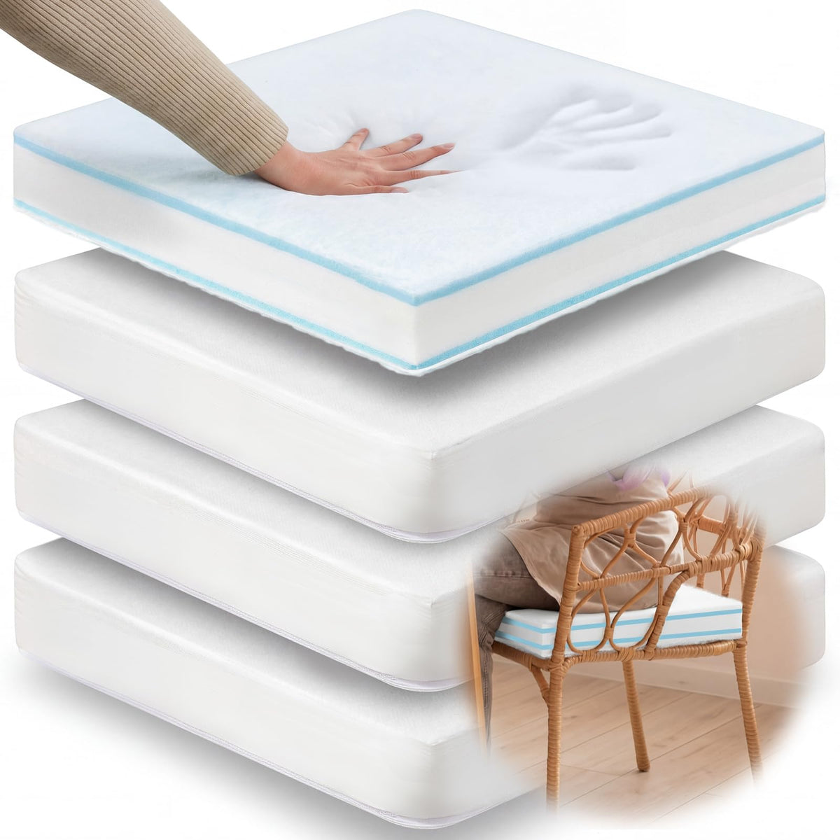 4 Pack Chair Cushion Foam Inserts, 18x18x2 Memory Foam Seat Pads