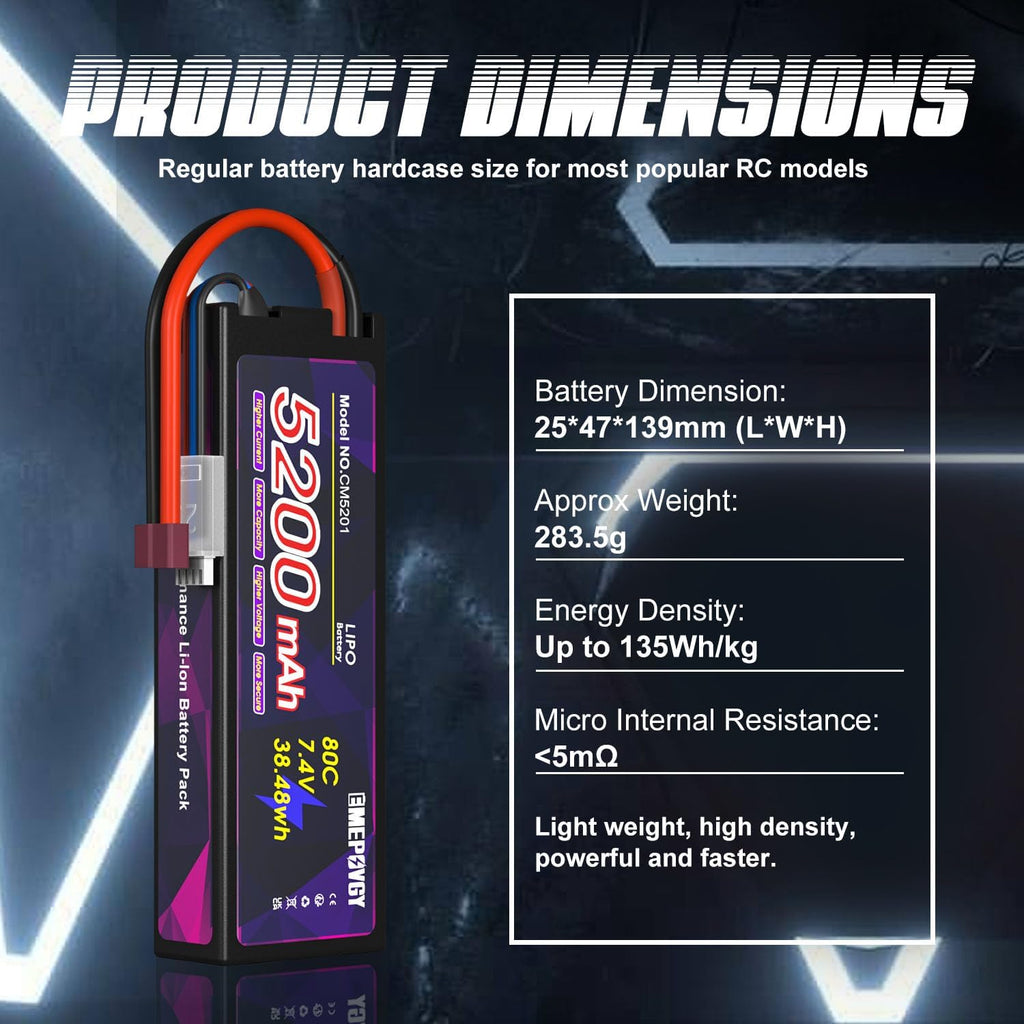 7.4V Lipo Battery 2S 5200mAh 80C Lipos Hard Case with T Connector for RC Car Trucks 1/8 1/10 RC Vehicles(2 Packs)