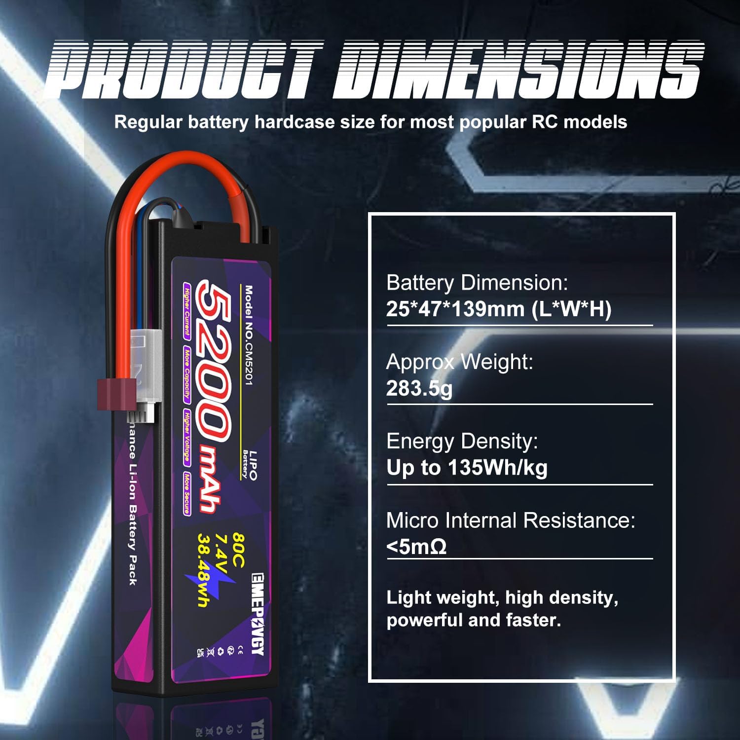 7.4V Lipo Battery 2S 5200mAh 80C Lipos Hard Case with T Connector for RC Car Trucks 1/8 1/10 RC Vehicles(2 Packs)