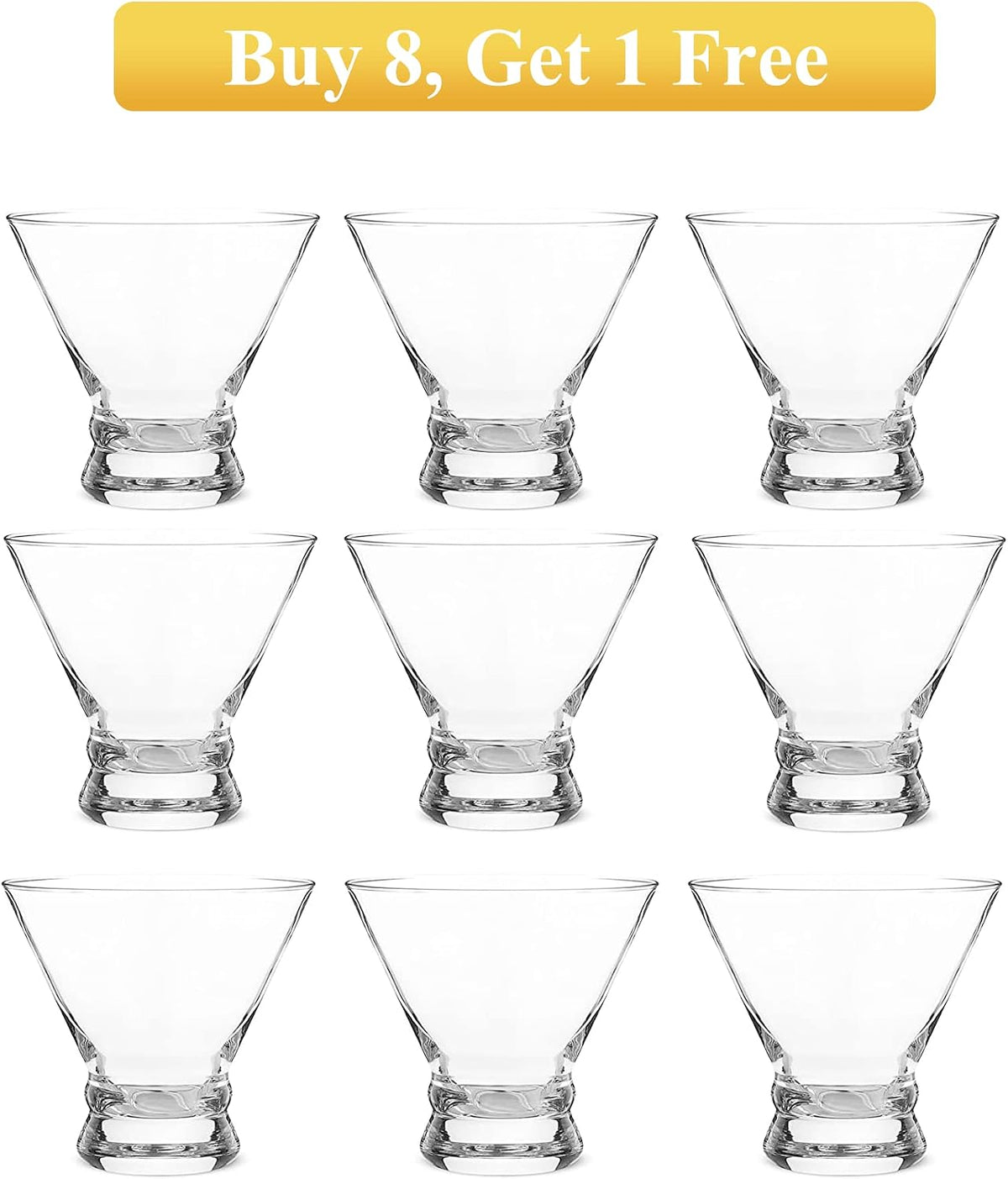 Martini Glasses Set of 9(Buy 8, get 1 Free), Crystal Cocktail Glasses 8 Ounces, Hand Blown Stemless Martini Glasses