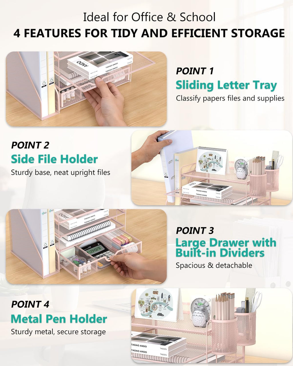 Desk File Organizer, 4 Tier Desktop Paper Letter Tray Organizer with Drawer and 2 Pen Holders, Office Desk