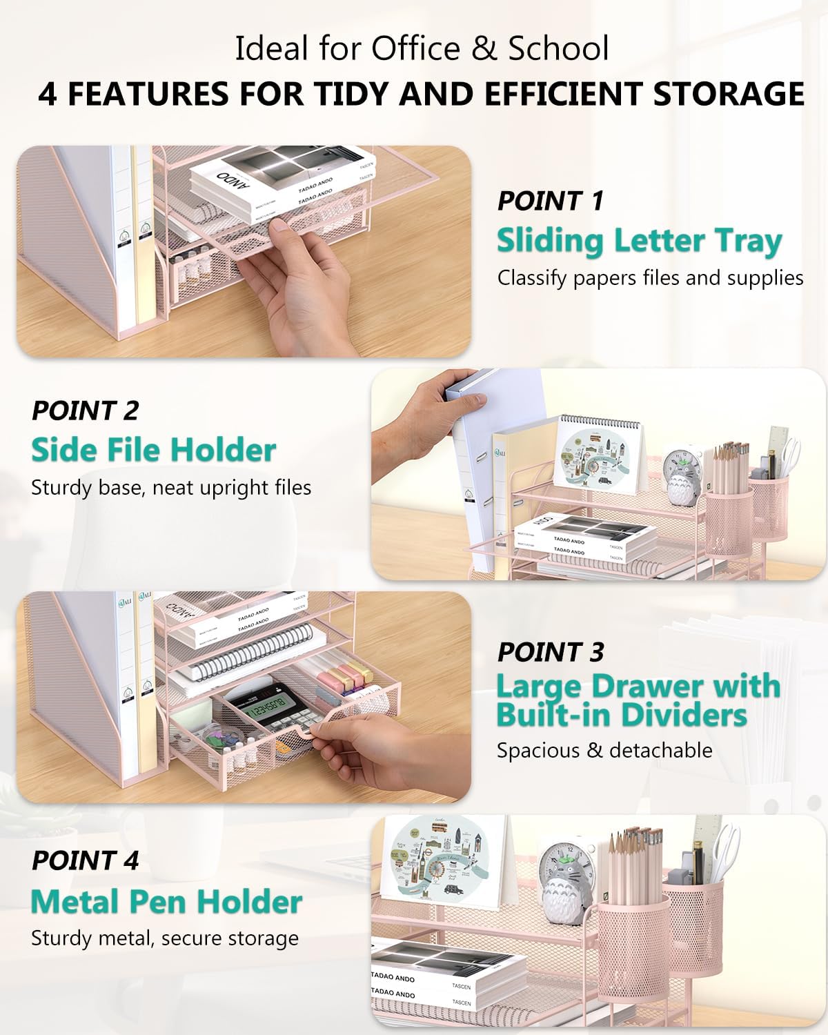 Desk File Organizer, 4 Tier Desktop Paper Letter Tray Organizer with Drawer and 2 Pen Holders, Office Desk
