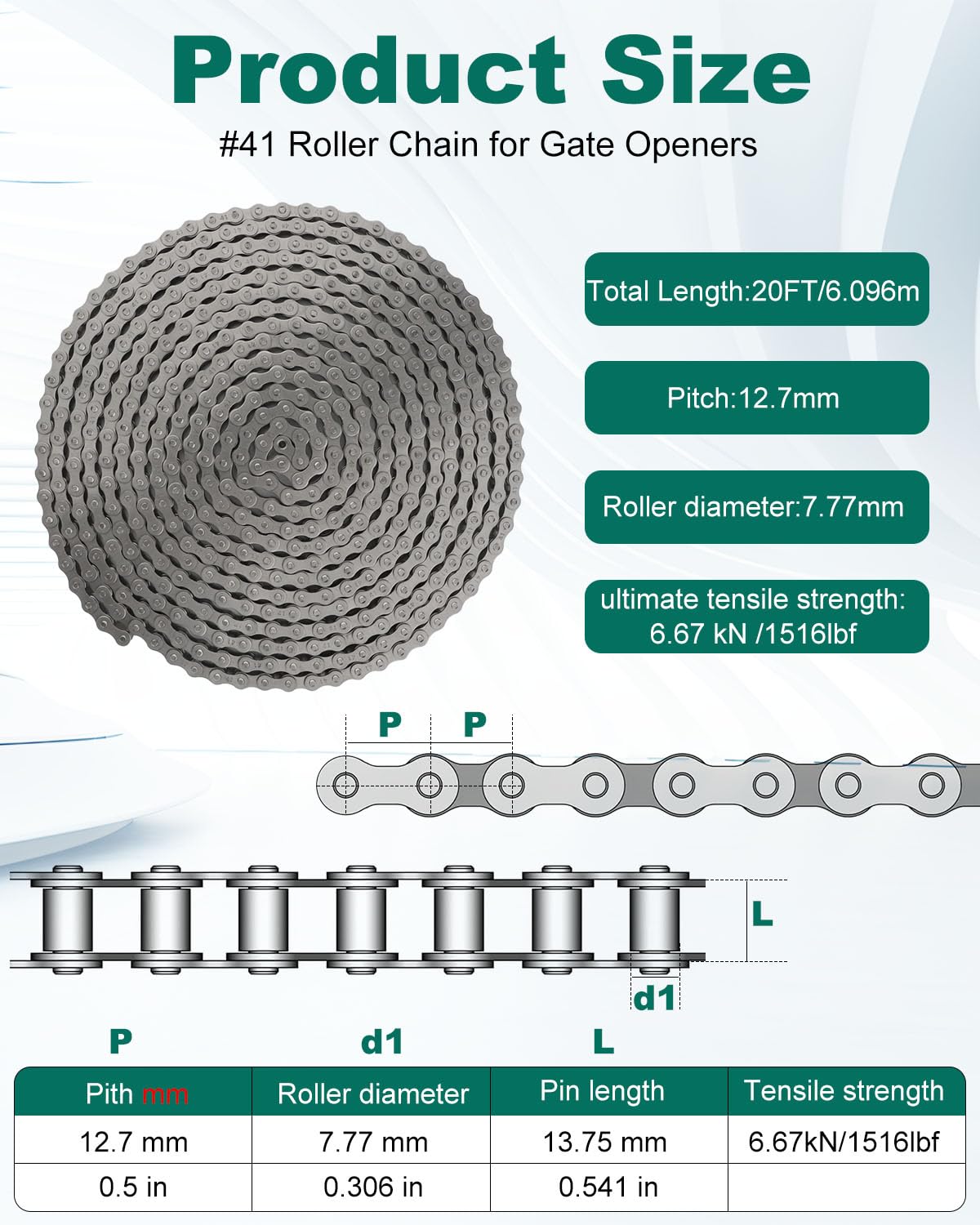 #41 Roller Chain for Gate Openers 20 Feet Carbon Steel Chains