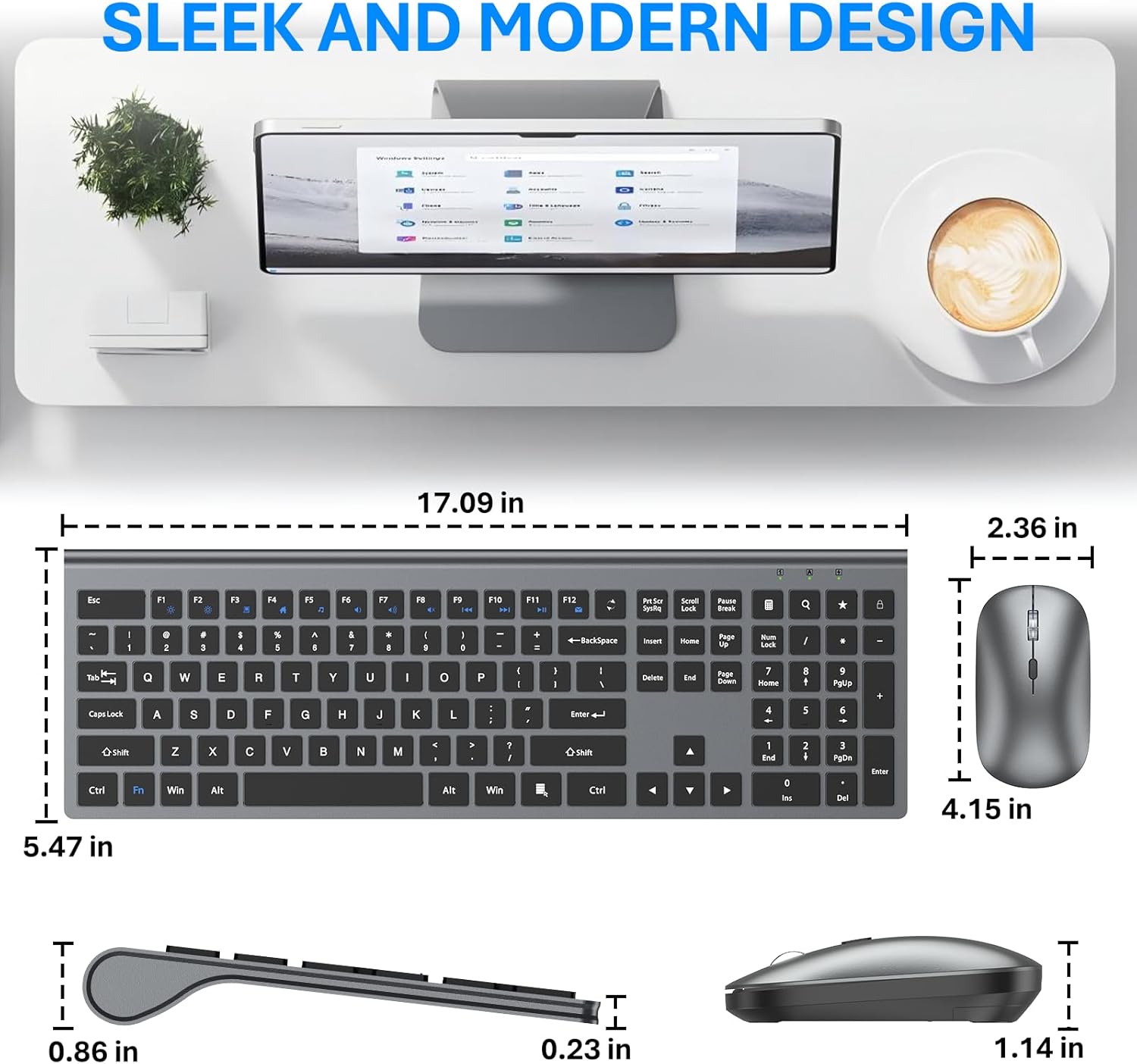 Wireless Keyboard and Mouse Combo, Ultra Slim Full Size Silent Keyboard and Adjustable 3-Level DPI Mouse,2.4GHz