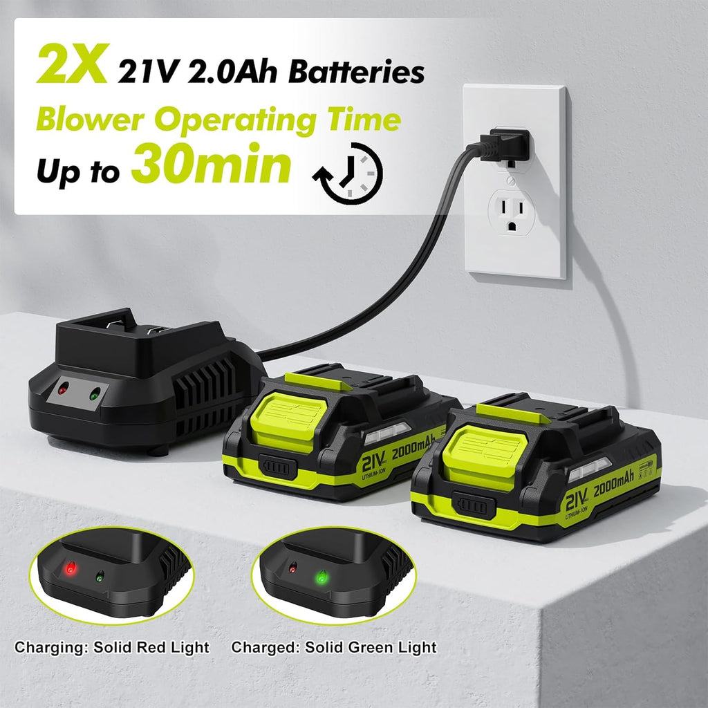 Leaf Blower Cordless 21V with 2 Batteries Charger Lightweight Battery Power | Electric Leaf Blower, Battery Powered