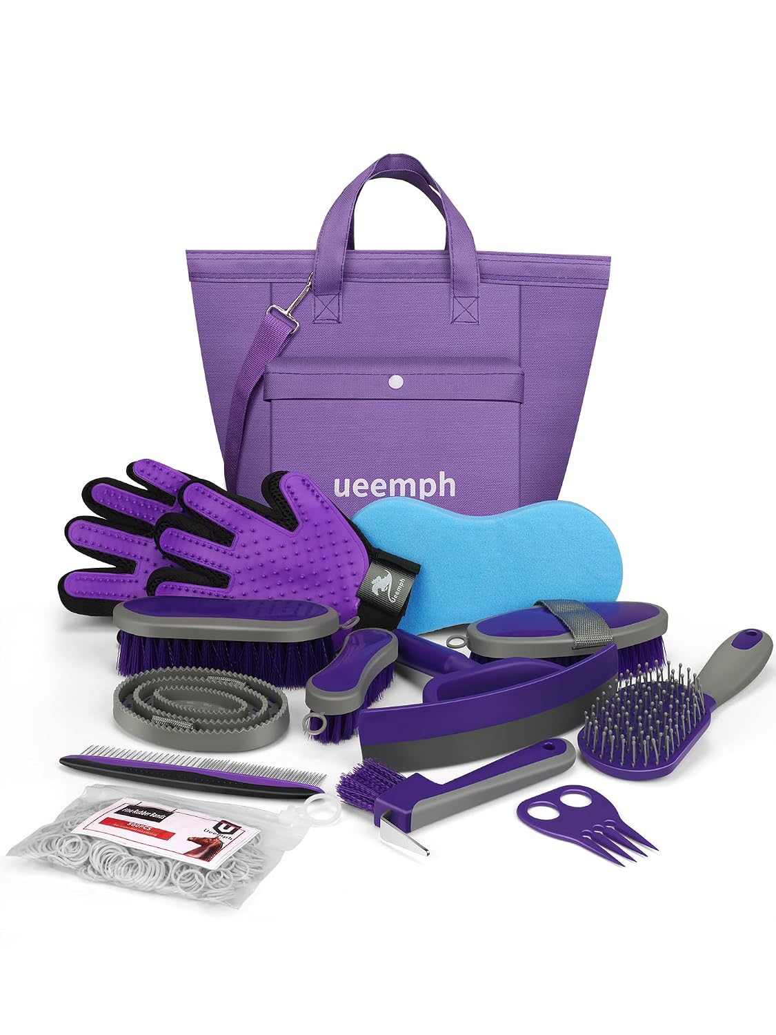 Horse Grooming Kit (12-Piece): Brushes, Storage Bag, Sweat Scraper, Mane Comb, Grooming Gloves - Purple Horse Gifts