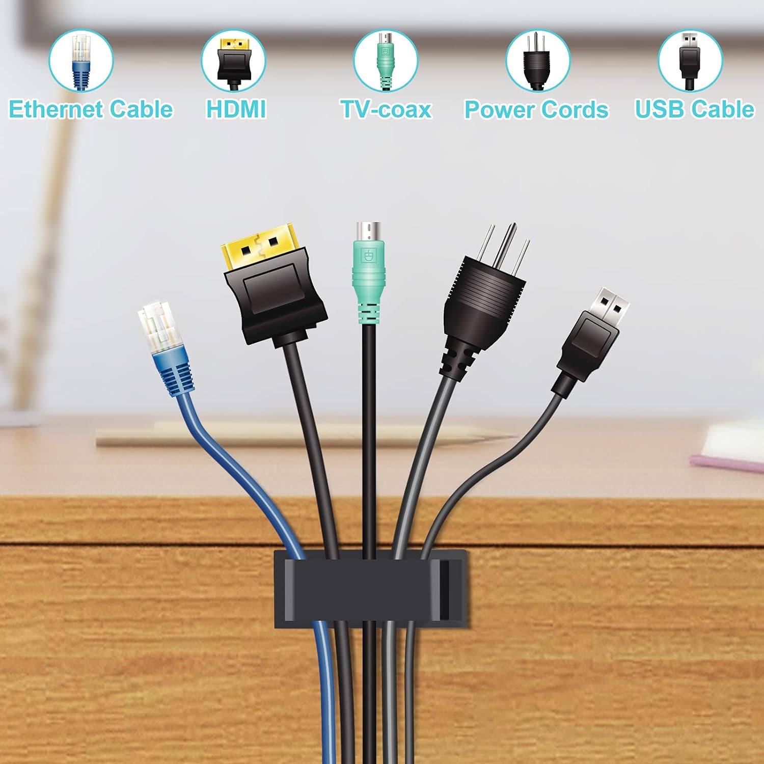 Cable Management Clips, Large Cord Clips for Under Desk Wire Management, Adhesive Organizer Multiple Cord