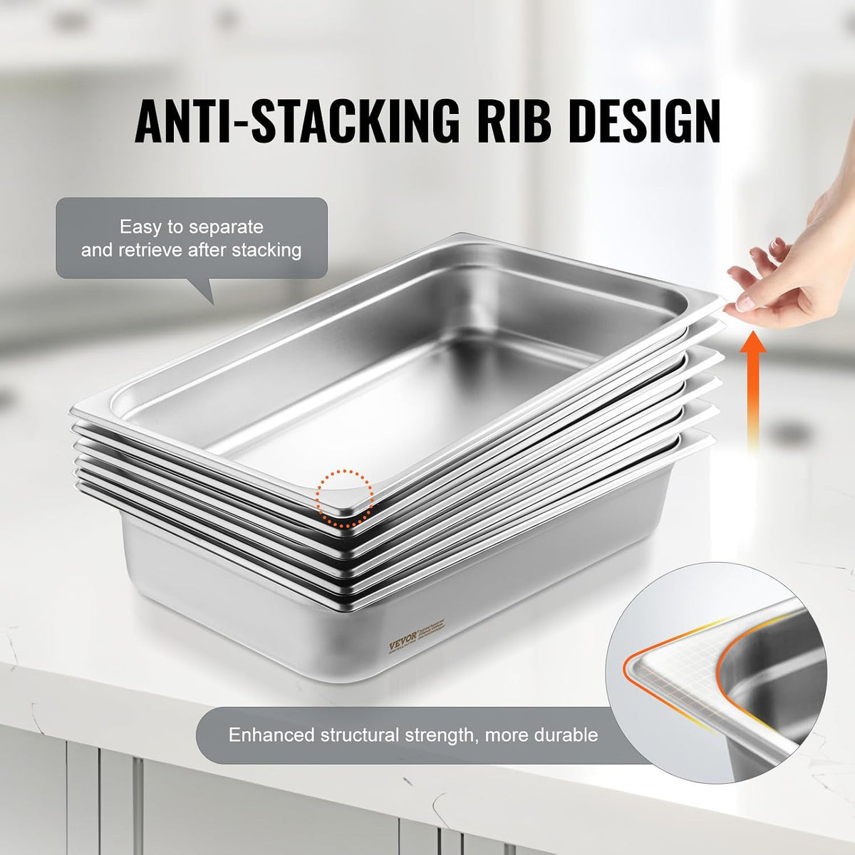 6 Pack Stainless Steel Hotel Pans,Full Size 4 Inch Deep 0.8mm Thick Anti-Jam Commercial Food Pans for Steam Tables