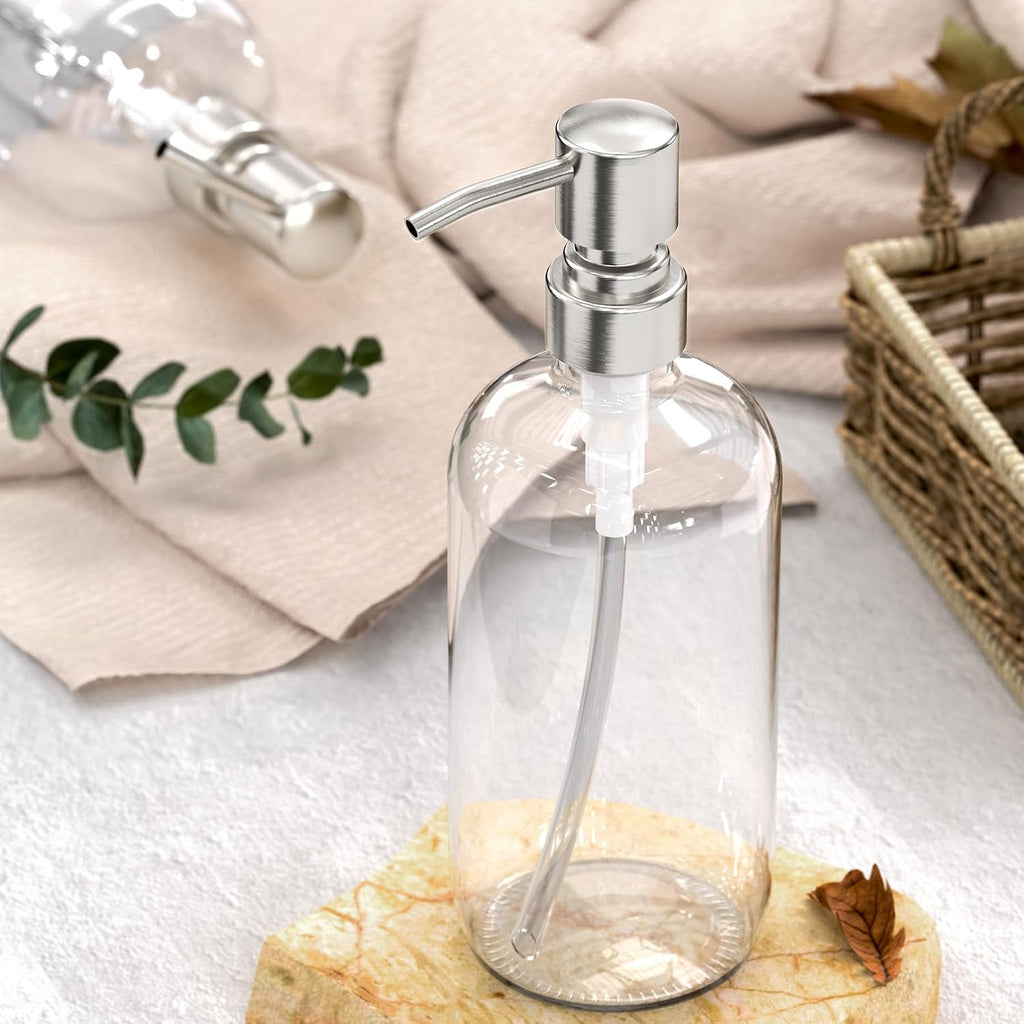 Soap Dispenser, 2 Pack Glass Soap Dispenser with Pump Stainless Steel, 17 Oz Hand Soap Bottles Bathroom Kitchen, Clear