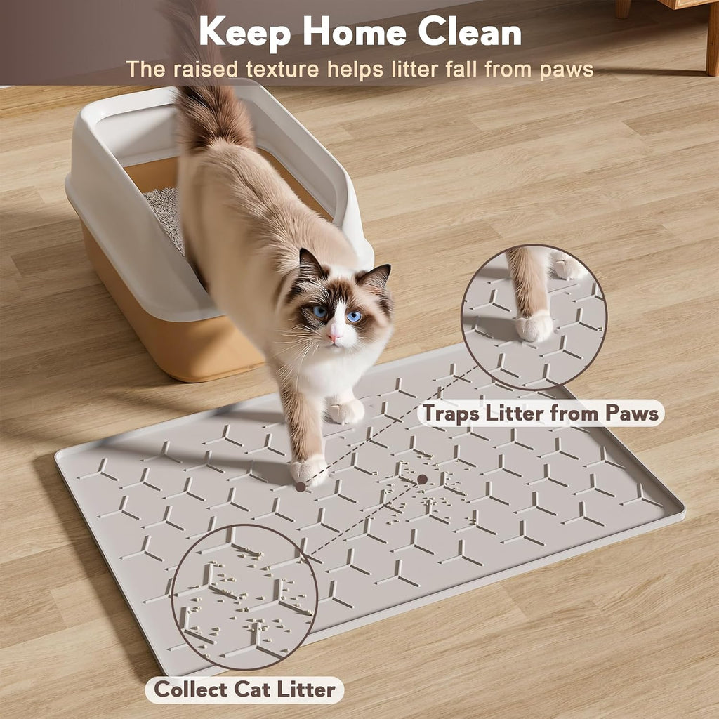 Cat Litter Box Mat, Silicone Kitty Litter Mat, 24" X 16" Waterproof Silicone Pad for Floor, Light Gray