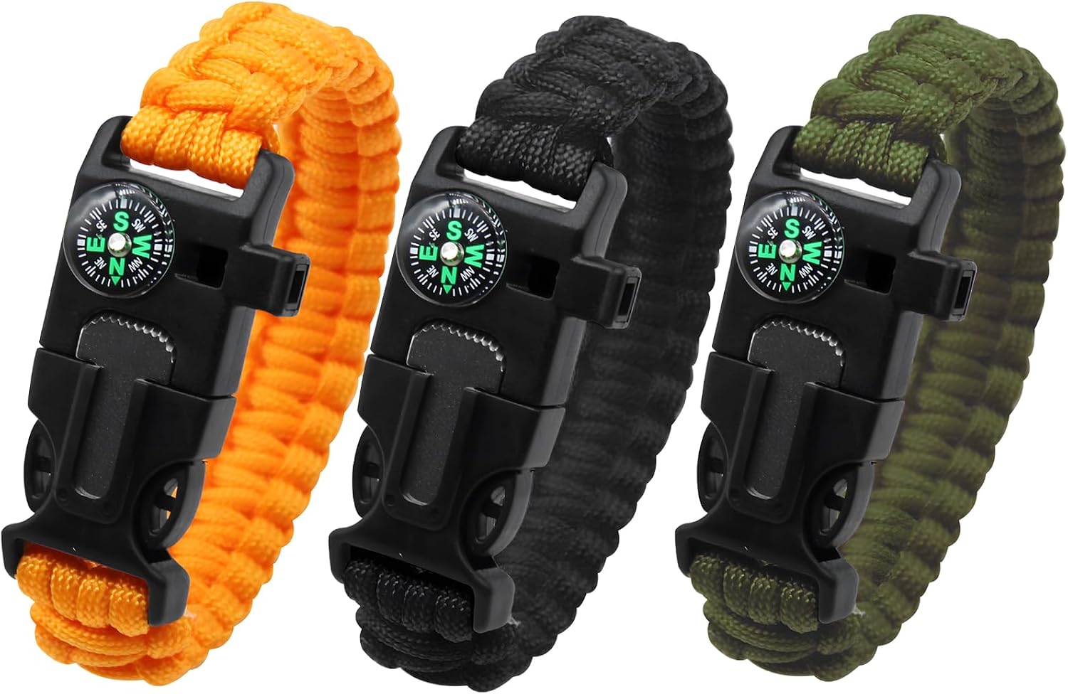 Survival Bracelet Set, 3 Pack with Compass and Whistle | 3 paracord bracelets with compass, whistle and magnesium
