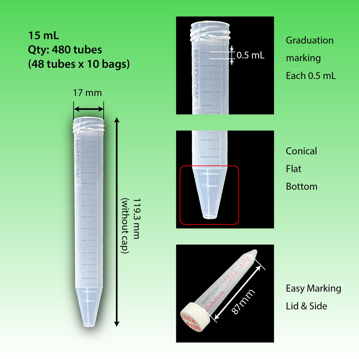 WATSON-BIO-LAB 1332-015S 15mL Conical Centrifuge Tube, 480 Pieces
