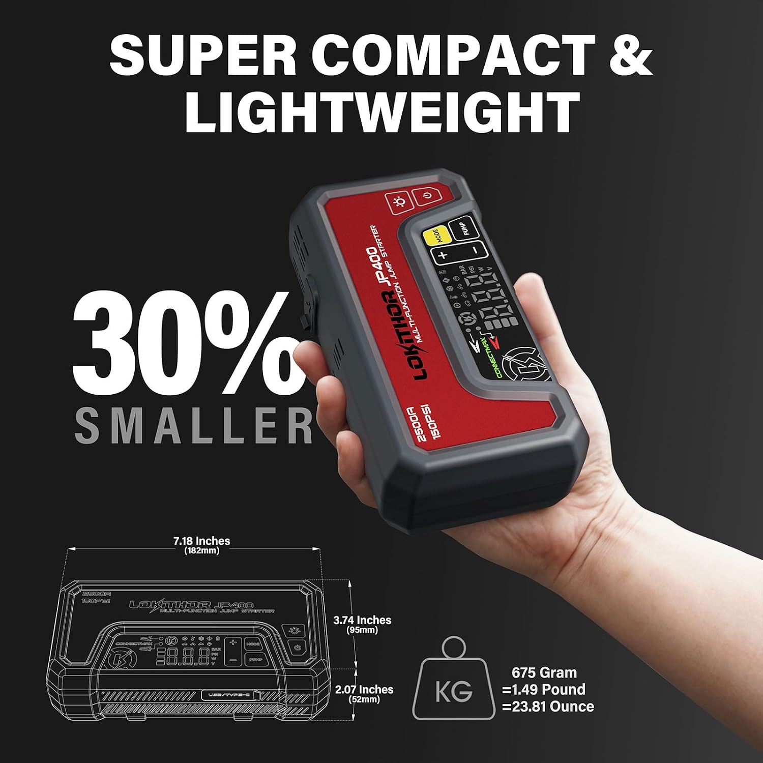 JP400 Jump Starter with Air Compressor, 2500A 12V Portable Car Battery Booster Pack (8.5L Gas/6.5L Diesel) with