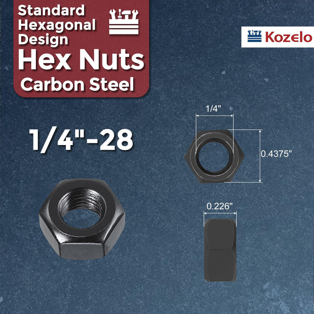 Kozelo 50pcs Hex Nuts 1/4"-28 Carbon Steel Fine Thread Black