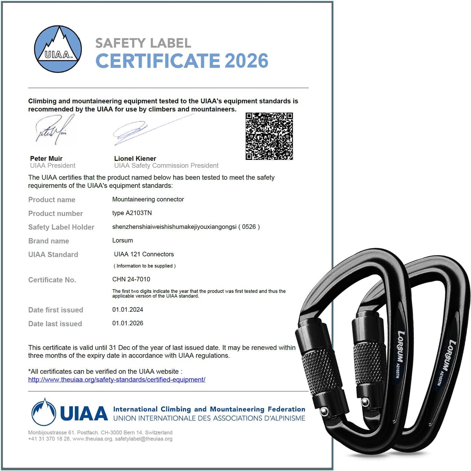 4" Auto Locking Climbing Carabiner, 26KN/ 5728lbs Large Carabiner Clips, UIAA Certified Heavy Duty Caribbean Clips