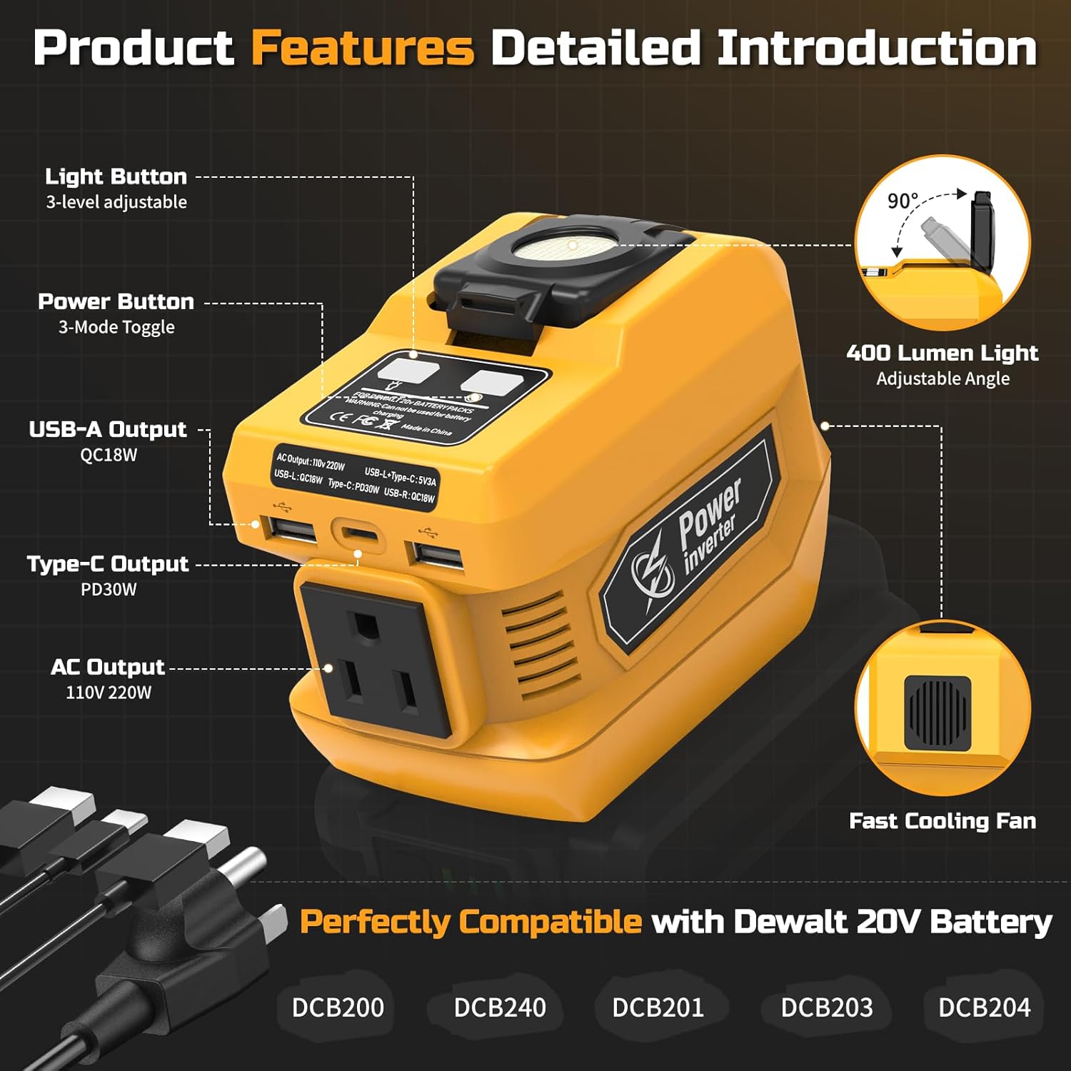220W Power Inverter Compatible with Dewalt 20V Battery, DC 20V to AC 110V Inverter, Portable Power Station Generator