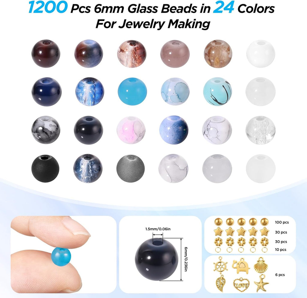Glass Beads for Jewelry Making, 1377pcs Neutral Tones Bracelet Making Kit, 24 Colors 6mm Round Glass Beads, Marble