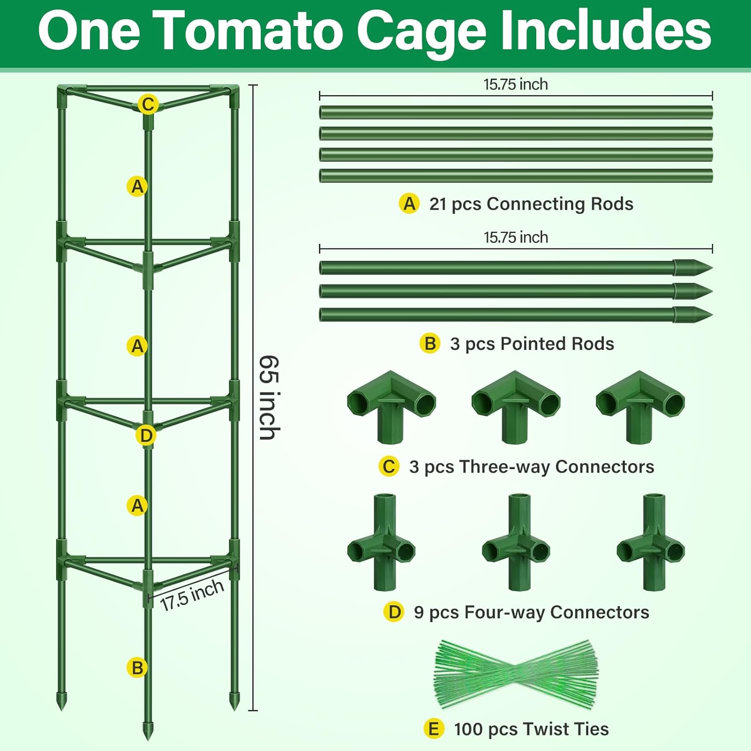 2 Pack 65 Inch Tomato Cage for Garden, Heavy-Duty Tomato Trellis Plant Support Stakes, Adjustable Garden Trellis