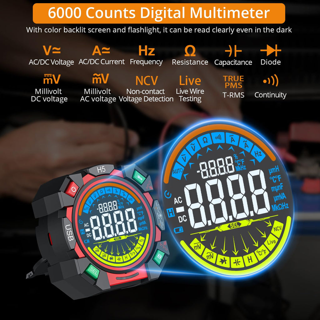 Neoteck 6000 Counts TRMS Multimeter Rechargeable Auto-Ranging Volt Meter