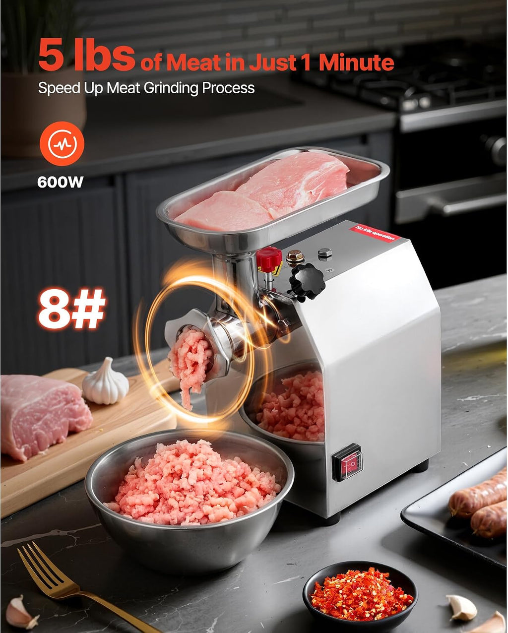 Commercial Electric Meat Grinder – 600W Stainless Steel Industrial Mincer with Sausage Stuffer, 5 lbs/min Capacity