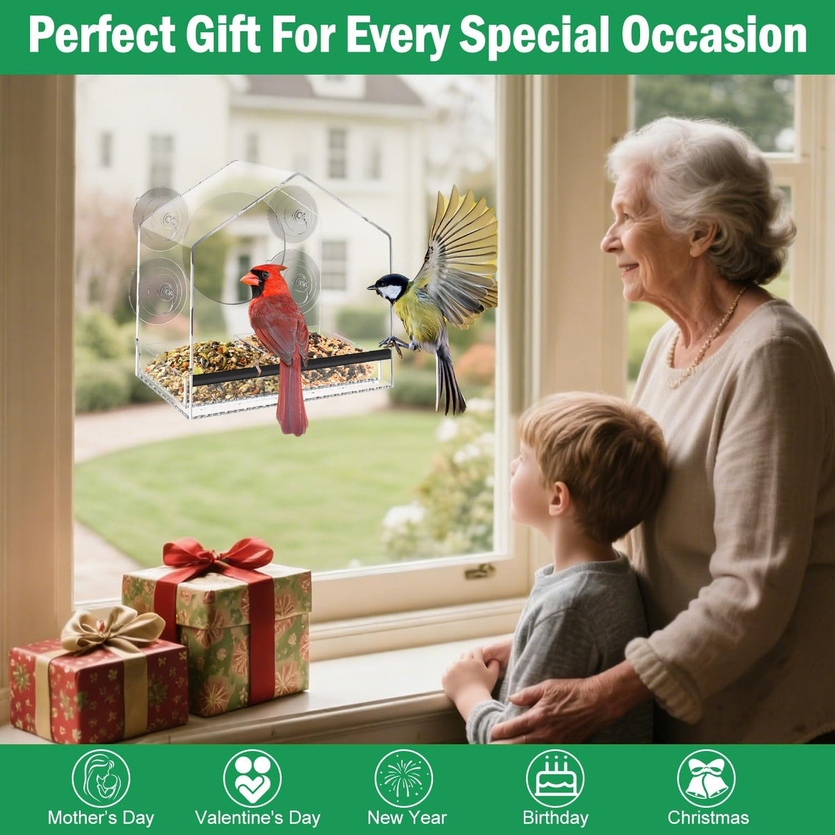 Clear Window Bird Feeder with Strong Suction Cups, Removable Tray