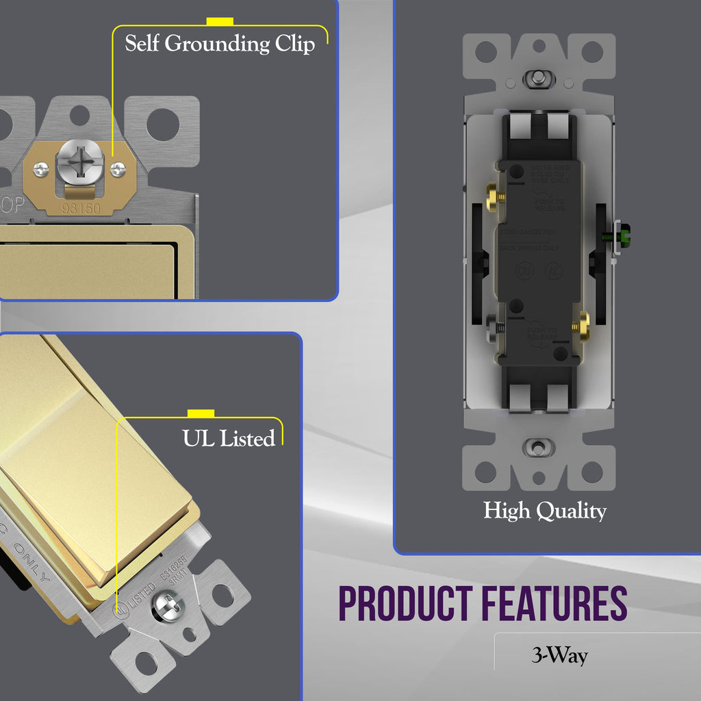 ENERLITES Gold 3-Way Decorator Paddle Rocker Light Switch, 15A, 5 Pack