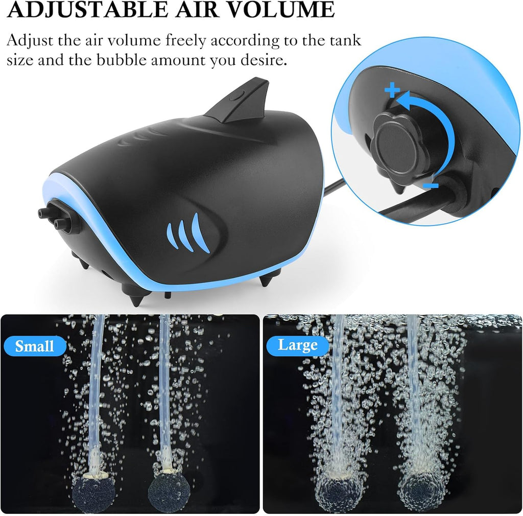 3W Quiet Aquarium Air Pump: 80GPH Adjustable Fish Tank Air Pump with Dual Output, Powerful Shark-Shaped Aquarium