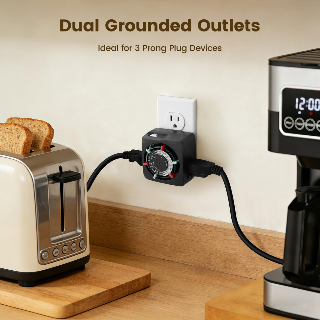 Mechanical Timer with 2 Grounded Outlets Indoor, 24-Hour