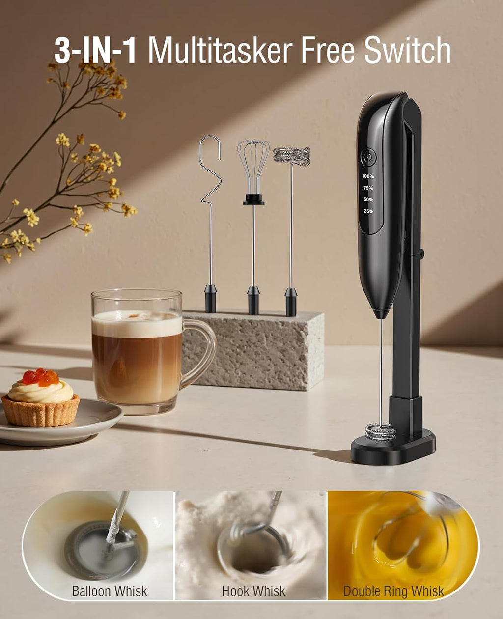 Electric Milk Frother: LED&Wireless Charging, 3 Heads 3 Speeds | Coffee Handheld Frother With 1800mAh 6-Hour Battery