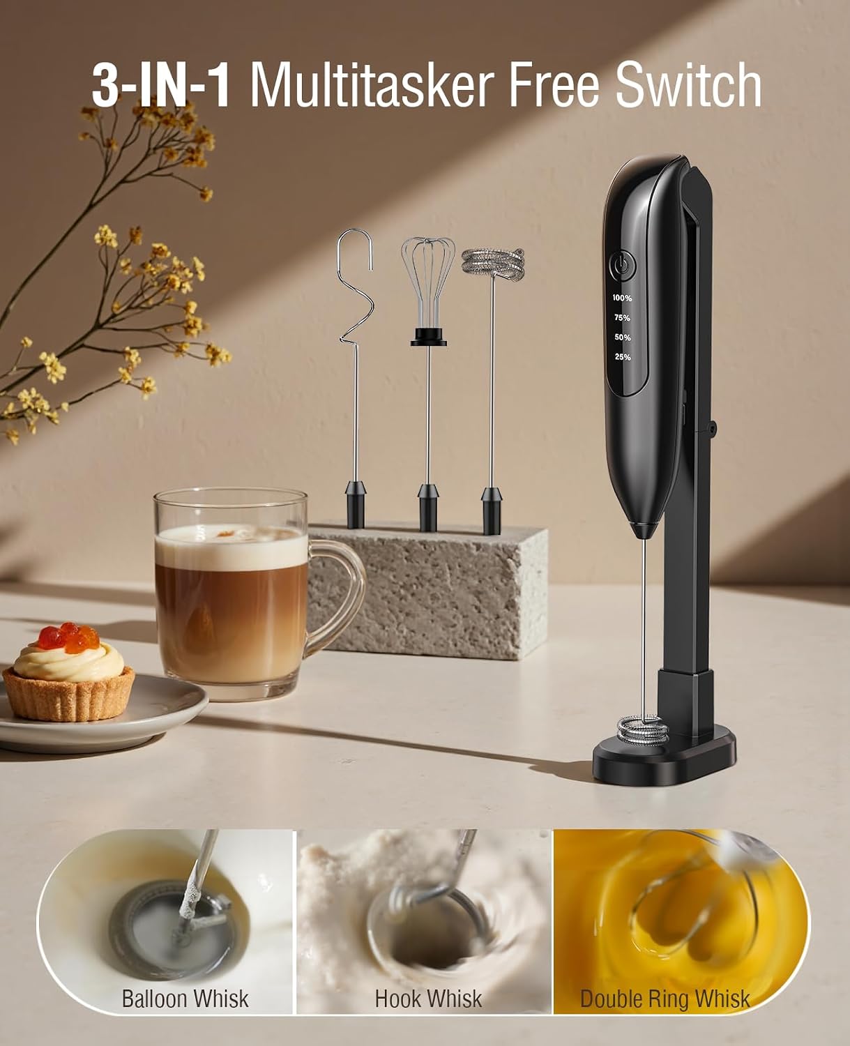 Electric Milk Frother: LED&Wireless Charging, 3 Heads 3 Speeds | Coffee Handheld Frother With 1800mAh 6-Hour Battery