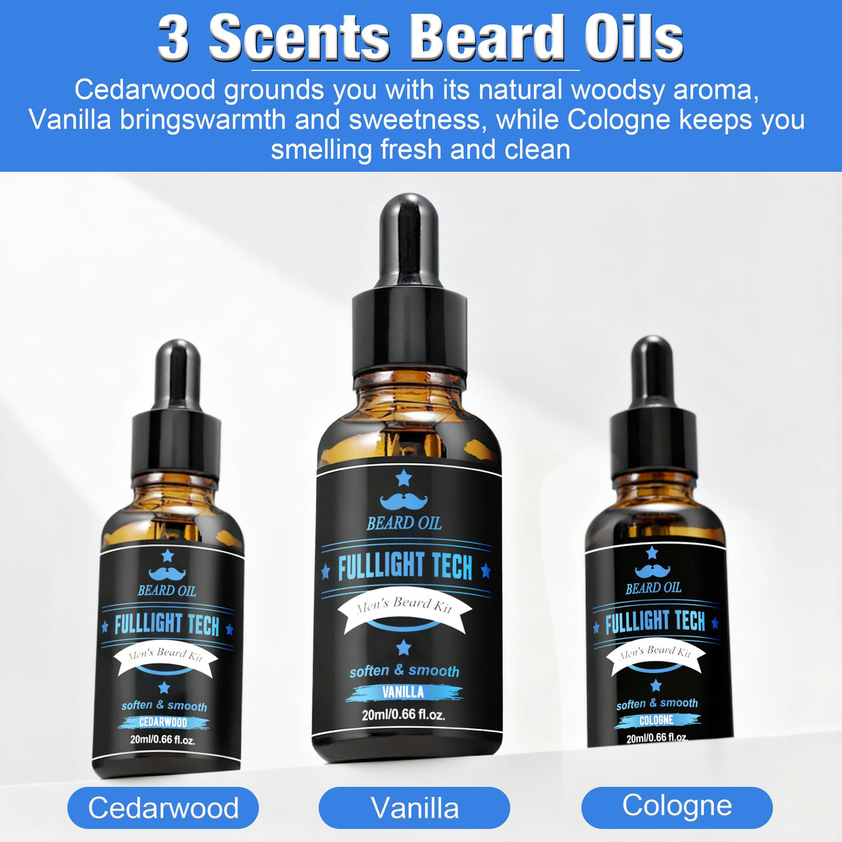 Beard Kit for Men with 3 Beard Oil Scents & Vanilla Beard Wash & Balm Set