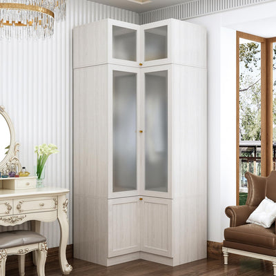 Tall Corner Wardrobe, L-Shaped Modern Bedroom Armoires with Frosted Glass Doors and Hanging Rod, Corner Armoire