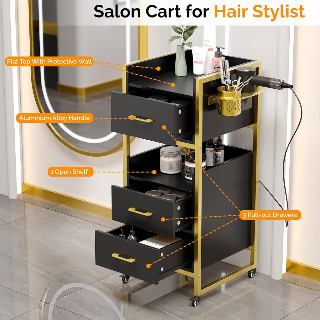 Salon Trolley Cart, Hair Styling Station with 3 Drawers, 2 Open Shelf & Tool Holders, Mobile Barber Storage Cabinet