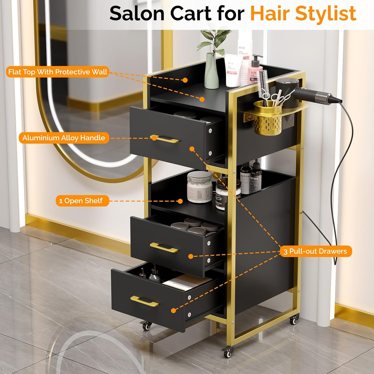 Salon Trolley Cart, Hair Styling Station with 3 Drawers, 2 Open Shelf & Tool Holders, Mobile Barber Storage Cabinet