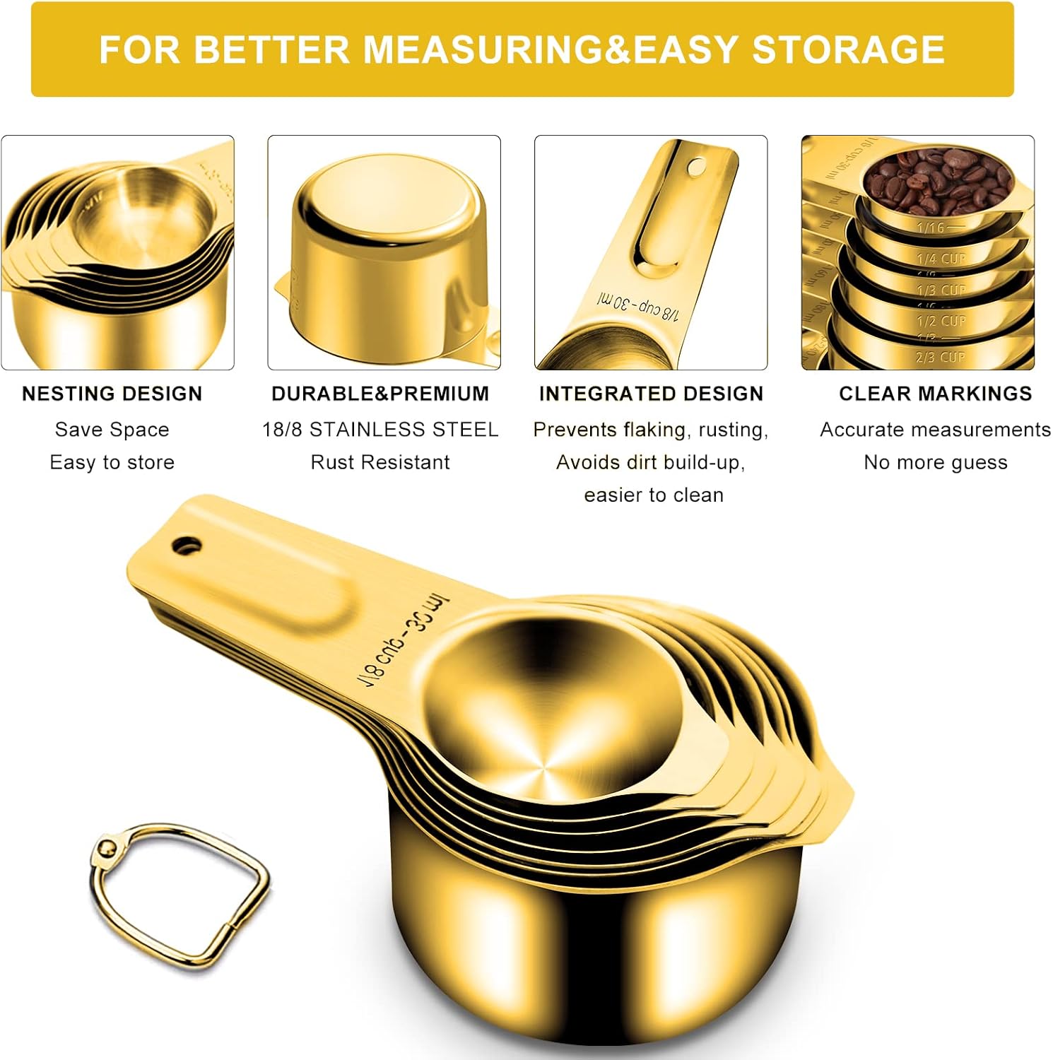 Gold Measuring Cups and Spoons Set of 15, 18/8 Stainless Steel, Includes 7 Nesting Metal Measuring Cups,8 Magnetic