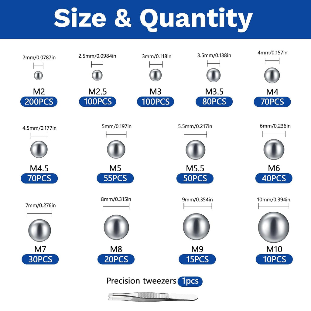 840 Pcs Stainless Steel Bearing Balls, 2/2.5/3/3.5/4/4.5/5/5.5/6/7/8/9/10mm