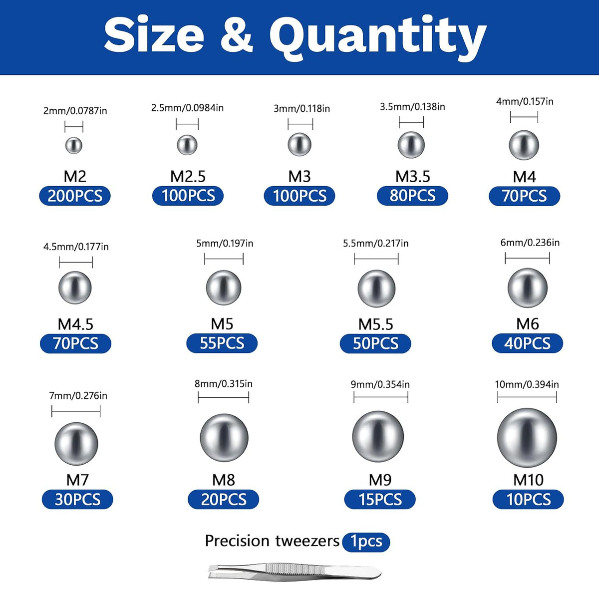 840 Pcs Stainless Steel Bearing Balls, 2/2.5/3/3.5/4/4.5/5/5.5/6/7/8/9/10mm