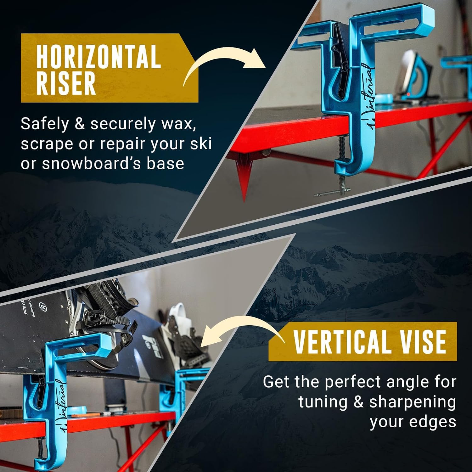 Snowboard and Ski Vise, Set of Two Non-Slip Vice Grips with Horizontal Vertical Working Positions for Tuning, Repair