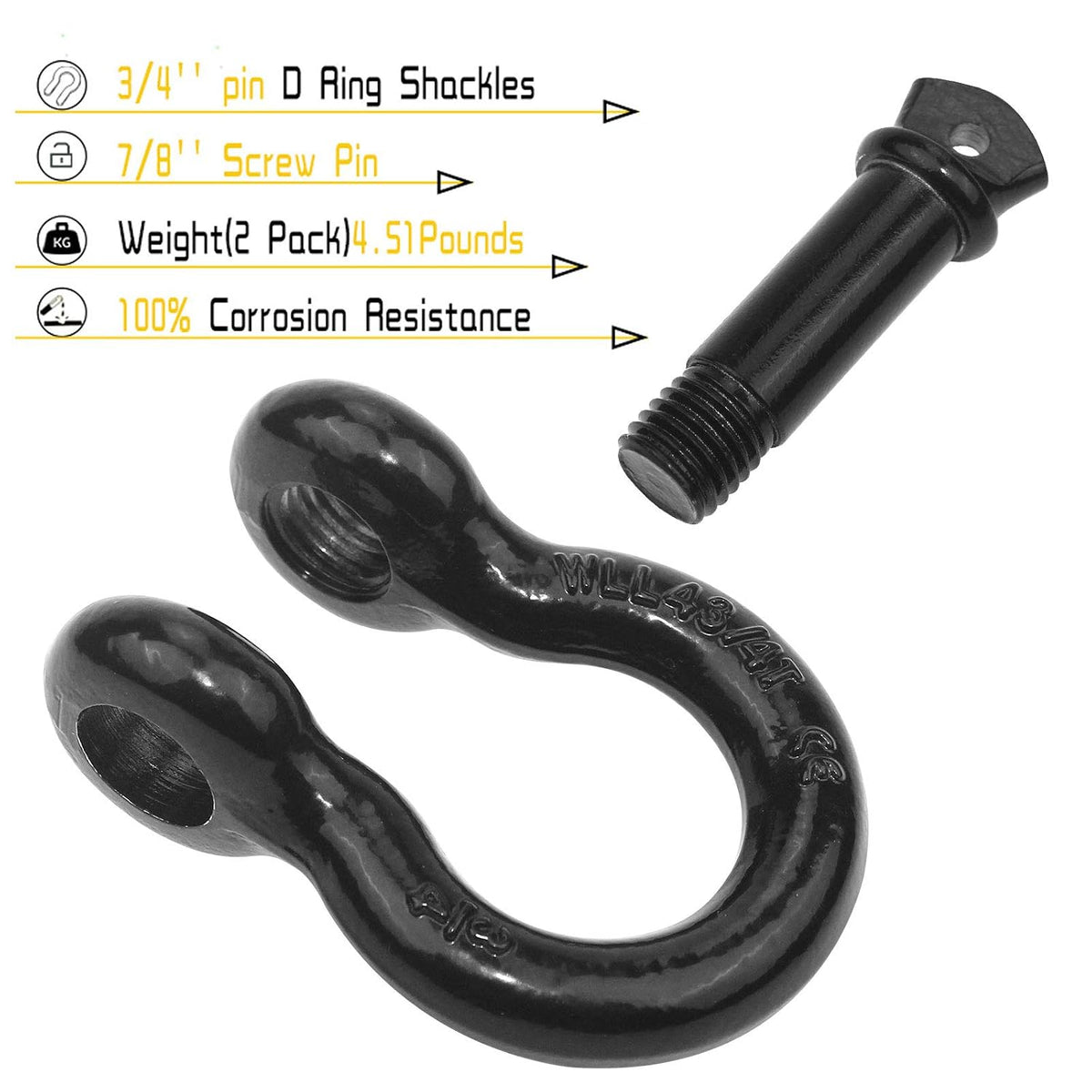 Shackles 3/4"(2 Pack) D-Ring Shackle Rugged 28.5 Ton (57,000 Lbs) Maximum Break Strength Heavy Duty Tow Shackles