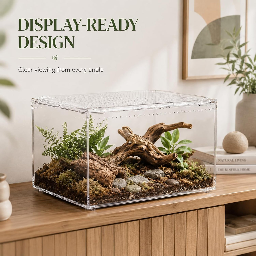 Large Clear PC Reptile Terrarium, 11.81×7.87×5.91 Inch Ventilated Habitat with Magnetic Door for Gecko, Frog