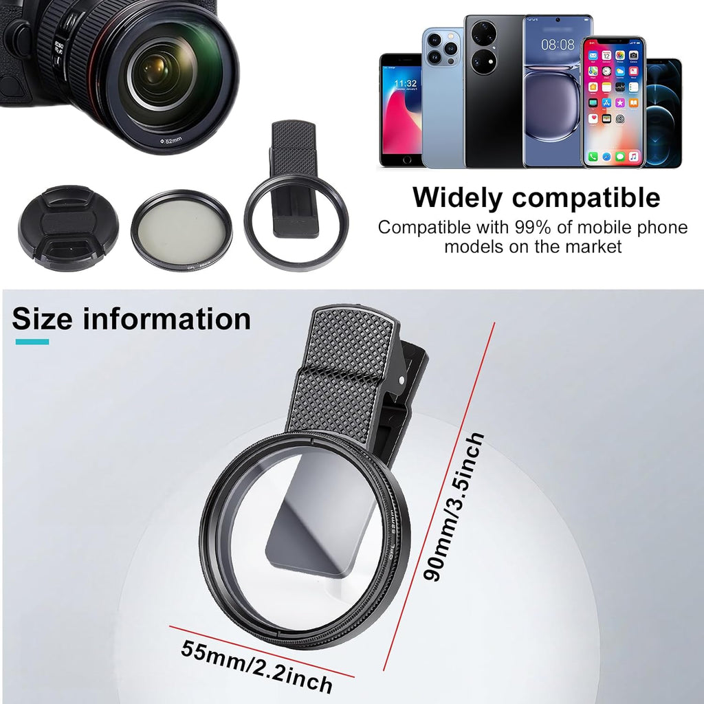 52mm Circular Polarizer Filter for iPhone and Android, CPL Lens Filter, Multi-Layer Coated, HD Transparent