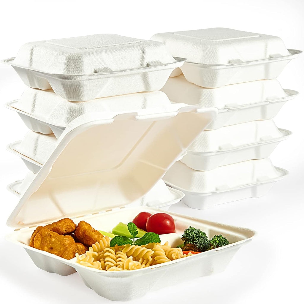 90 Pack Compostable Take Out Food Containers, 8x8 inch, 3 Compartment