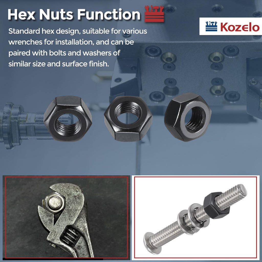 Kozelo 50pcs Hex Nuts 1/4"-28 Carbon Steel Fine Thread Black