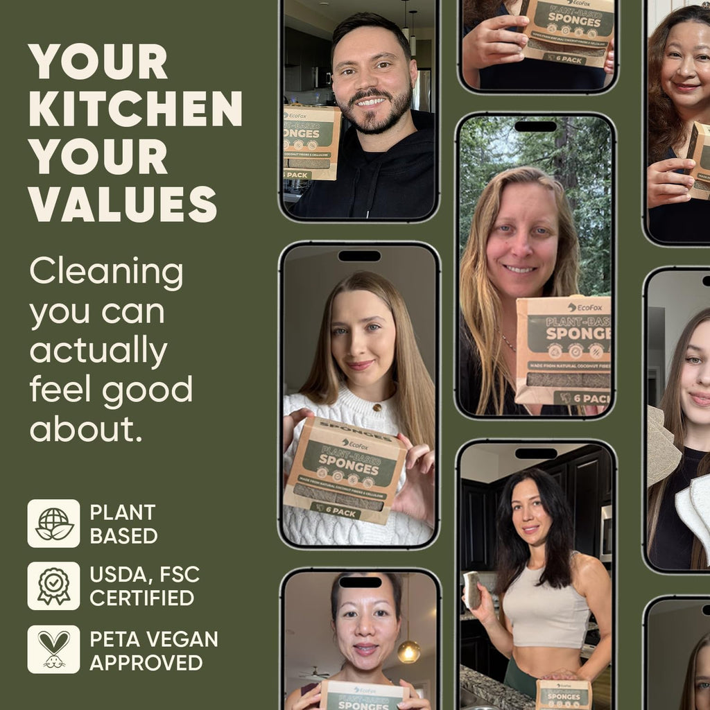 Plant-Based Kitchen Sponges (12 Pack) | USDA Biobased Certified | FSC & PETA Approved | Natural Cellulose & Coconut