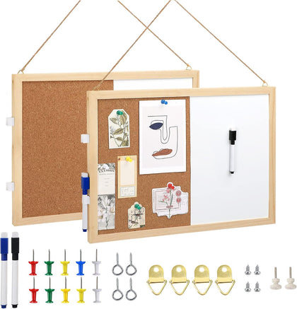 2-Pack Cork Board White Board Combo - 15.7 x 12 inches Whiteboard Bulletin Combination Board Hanging Office White